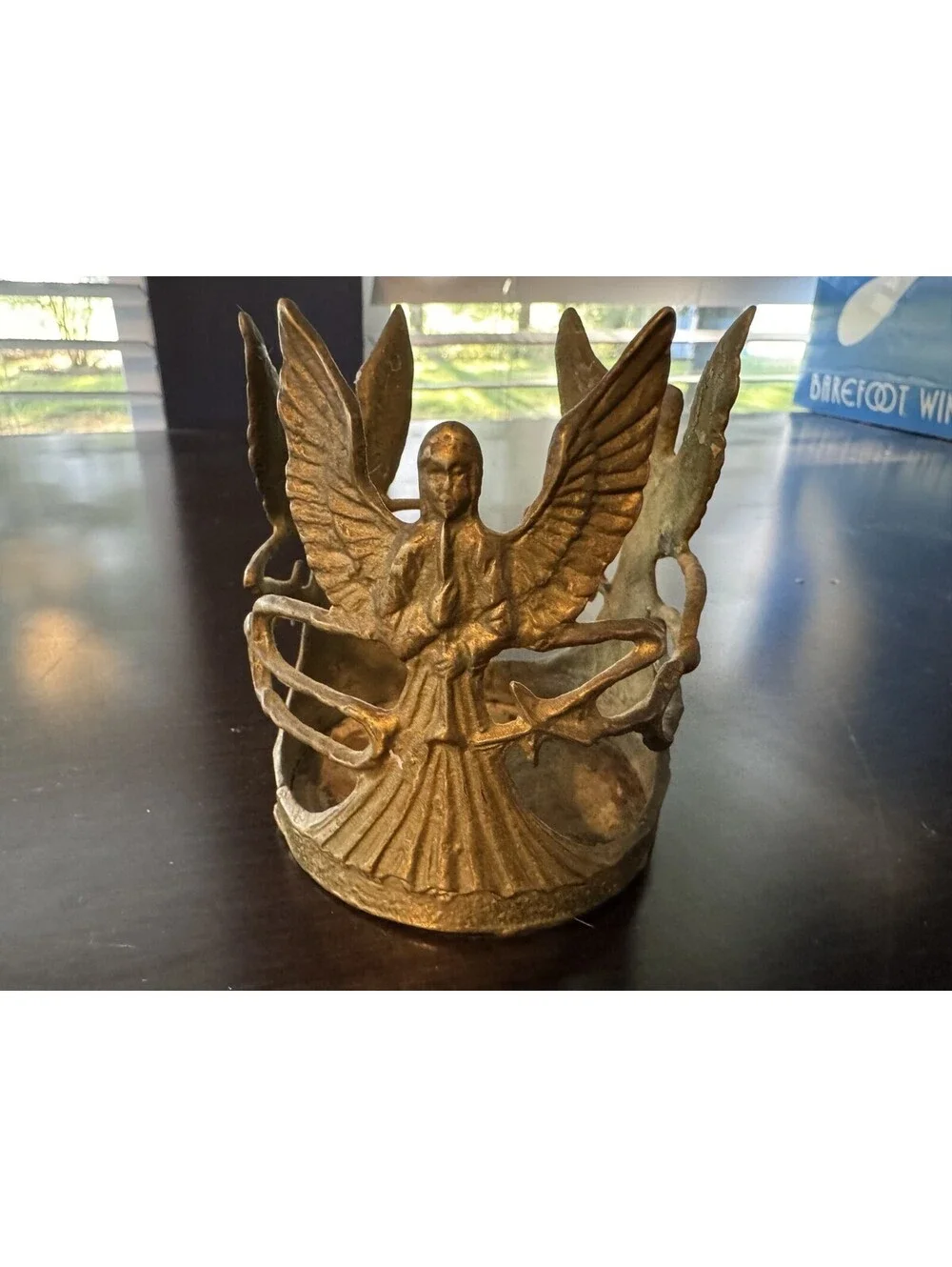 Vintage Brass Angel Pillar Candle Holder Cherubs 3”